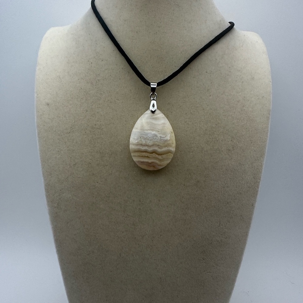 Banded Agate Teardrop Pendant Necklace on Black Satin Cord